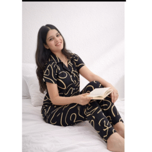 Dimowear Premium Black & Gold Printed Night Suit for Women